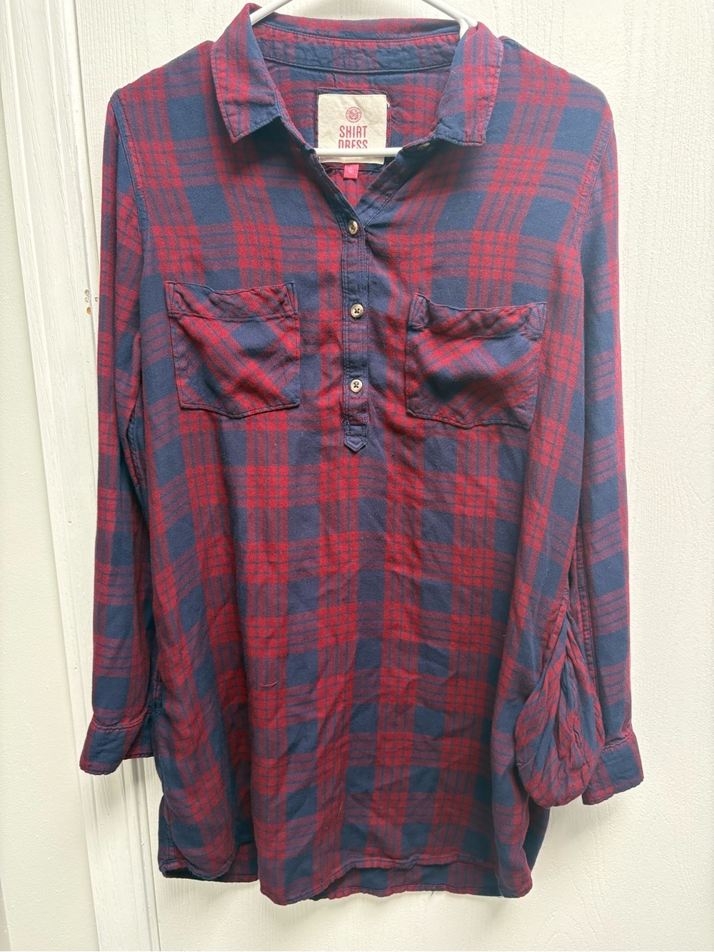 SO Red and Navy Plaid Button-Popover Tunic